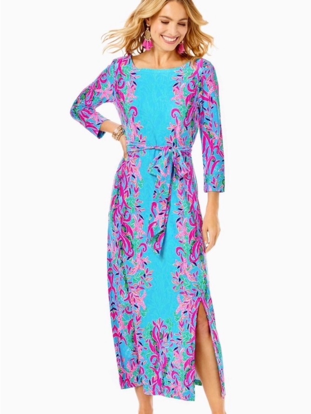 Lilly Pulitzer NWT UPF 50+ Carabella Chillylilly Seaweed Tie-Waist Midi Dress L